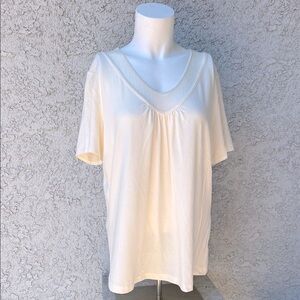 AK Anne Klein Off White Cream V-Neck Mesh Accent Women's Short Sleeve Shirt Top